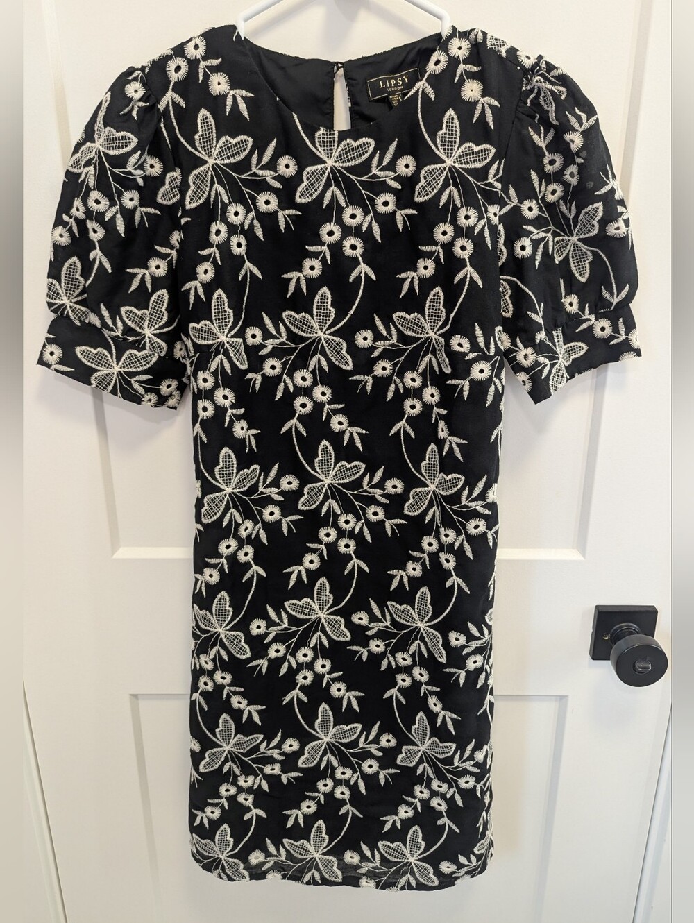 Lipsy London Black & White Embroidered Puff Sleeve Mini Dress - Picture 2 of 9